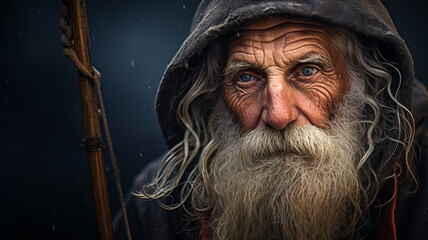Close up portrait of old male fisherman during fishing trip on ship