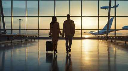 Couple holding hands in airport with luggage, concept of travel and tourism with plane - obrazy, fototapety, plakaty