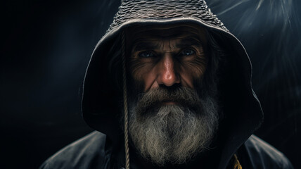 Close up portrait of old male fisherman during fishing trip on ship