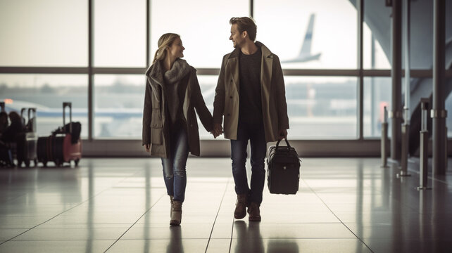 Couple holding hands in airport with luggage, concept of travel and tourism with plane