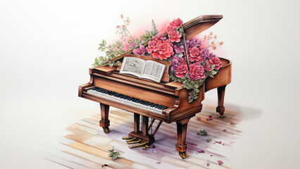 Illustration of a piano in colorful watercolors, isolated on a white background