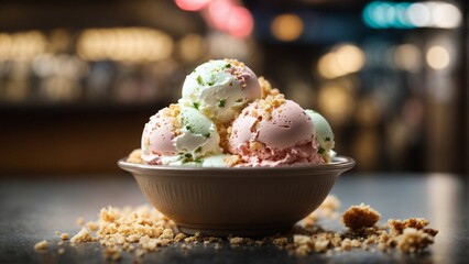 Close-up high-resolution image of fresh and delicious ice cream gelato for the dessert. Generative AI.