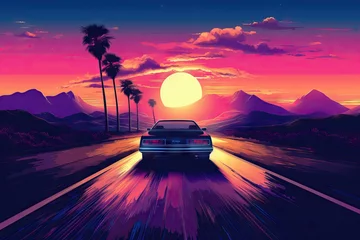 Foto op Plexiglas anti-reflex Retro car rides among the palm trees against the backdrop of the sunset in the beach. Delorean car in the night. 80's Retrowave, synthwave, vaporwave style. Design for poster, flyer, banner © ratatosk