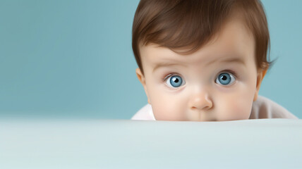 Close up portrait of happy smiling infant baby boy, child looking at the camera