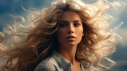 Portrait of a beautiful woman with blond long curly hair, flying in the wind