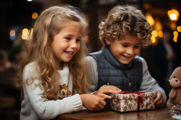 Children excitedly unwrapping their presents on Christmas morning, filled with anticipation and joy. Generative Ai.