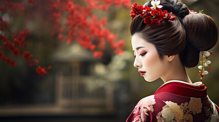 Traditional female geisha in a Japanese garden, red tree blossoms - obrazy, fototapety, plakaty