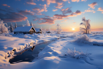 A panoramic view of a snowy countryside at sunset, capturing the serene beauty of a winter landscape. Generative Ai.