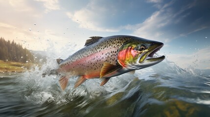 3D illustration of Rainbow trout jumping out of the water. - obrazy, fototapety, plakaty