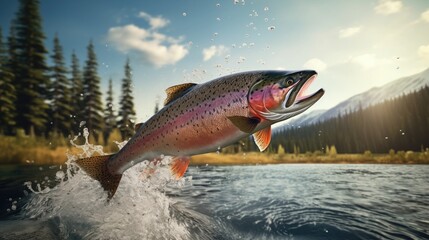 3D illustration of Rainbow trout jumping out of the water. - obrazy, fototapety, plakaty