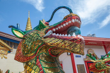 An Ornate Colorful Golden Dragon Head at a Temple in Penang, Malaysia