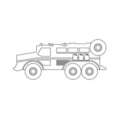 Military armored car or heavy tactical vehicle in outline flat icon. War design element vector illustration in trendy style. Editable graphic resources for many purposes.