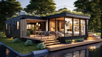 Eco-friendly living in a modern container house - obrazy, fototapety, plakaty