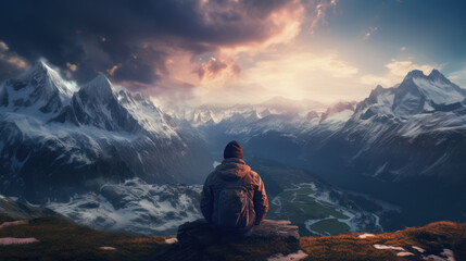 Fototapeta premium Young one sits and gazes at the snowy mountains