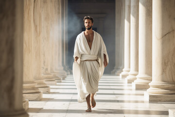 Greek male with anciety style draped garments like chitons and peplos, walking on marble columns of academy of athens - obrazy, fototapety, plakaty