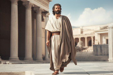 Greek male with anciety style draped garments like chitons and peplos, walking on marble columns of academy of athens