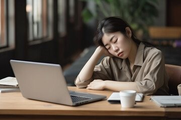 Exhausted Asian woman sits overworked needs rest fatigue taking nap near laptop. Tired Chinese girl - obrazy, fototapety, plakaty