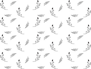 Hand drawn floral seamless pattern with twigs with leaves. Seamless pattern with black twigs on white background. Floral vector illustration for fabric, textile design, wallpapers, web page background