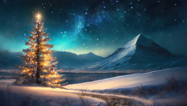 Painterly winter night scene of a Christmas tree with warm, golden glowing light, falling sparkling snowflakes, and light particles on a dreamy blue-lit mountain background. Room for copy space.