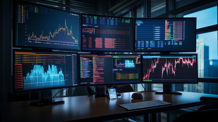 Many computer monitor screens with graphs and trading charts for stock market, crypto or forex  - obrazy, fototapety, plakaty