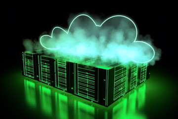 Data server with neon glowing cloud icon, concept of cloud computing network and internet of things