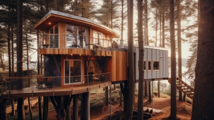 Fototapeta na wymiar The exterior design of modern wooden Scandinavian treehouse with tall trees in forest and lake view. Generative AI image AIG30.