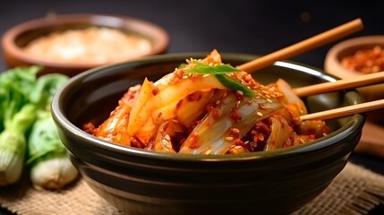 Kimchi cabbage eating by chopsticks, Korean homemade fermented side dish food