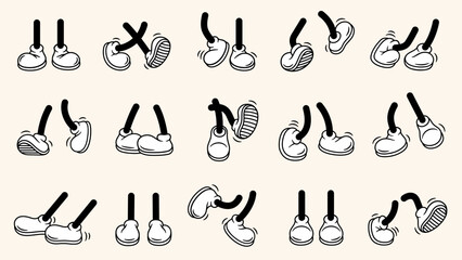 Vintage retro feet and boot vector collection. Comic retro feet in different poses, leg standing, walking, running, jumping. Isolated mascot footwear 1920 to 1950s. - obrazy, fototapety, plakaty