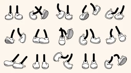 Fotobehang Vintage retro feet and boot vector collection. Comic retro feet in different poses, leg standing, walking, running, jumping. Isolated mascot footwear 1920 to 1950s. © Valedi 