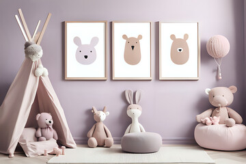 Stylish pastel pink newborn baby room with brown wooden three mock up poster frame, toys, plush animal and child accessories