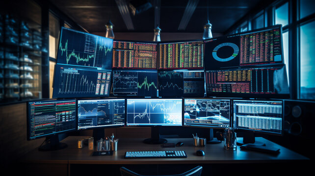 Many computer monitor screens with graphs and trading charts for stock market, crypto or forex 