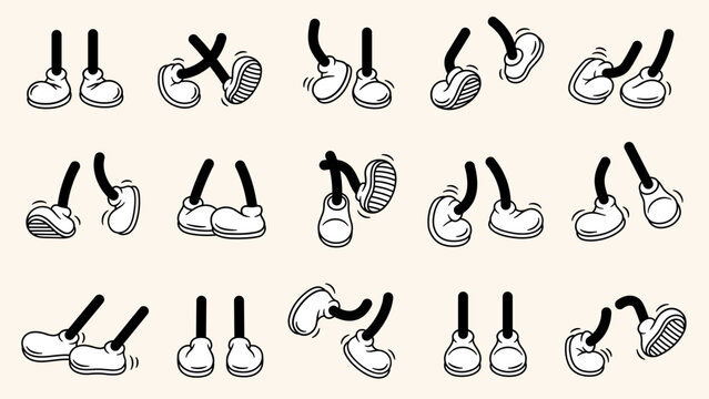 Vintage retro feet and boot vector collection. Comic retro feet in different poses, leg standing, walking, running, jumping. Isolated mascot footwear 1920 to 1950s.