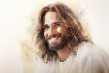 Jesus Christ, Divine Watercolor Portrait of Smiling Jesus Christ, the Lion of Judah, Lamb Of God.  Religion.  - obrazy, fototapety, plakaty