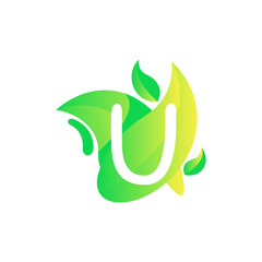 Letter U with fresh leaf gradient logo design vector