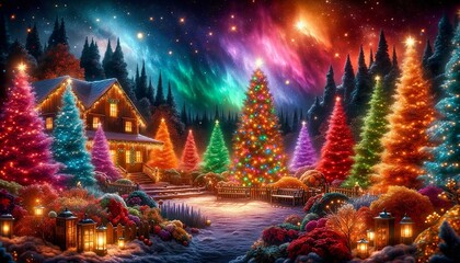 A magical winter landscape with an inviting cabin and colorful Christmas trees illuminated by a sky filled with aurora lights. Generative AI - obrazy, fototapety, plakaty