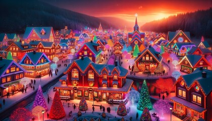 Vibrant Christmas Village with Twinkling Lights and Snow-Covered Rooftops. Generative AI