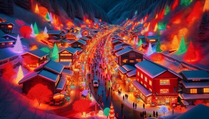 Christmas Village, bathed in a symphony of radiant reds, sunset oranges, and vibrant greens. As dusk settles, the village streets buzz with joyous celebrations. Generative AI
