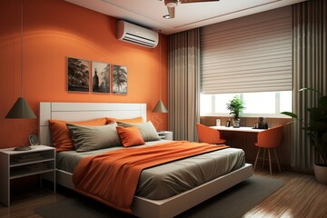 Contemporary and Stylish Modern Bedroom Design with Elegant Furniture and Chic Decor Elements, White and Orange Colors.