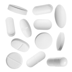 Many different pills isolated on white, collection
