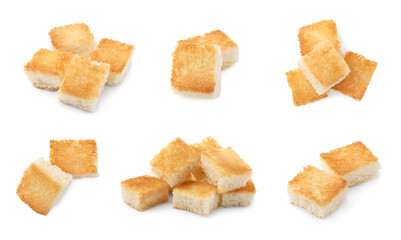 Delicious crispy croutons isolated on white, set