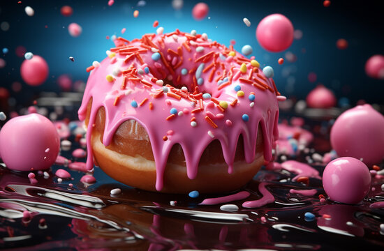 A Pink Donut is Drizzling Red and Pink Sprinkles. Ai Generated Images.