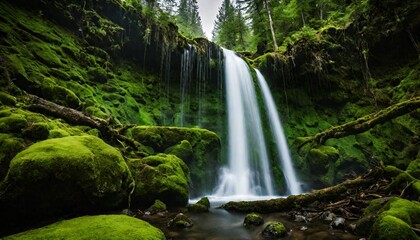waterfall in the forest, A majestic waterfall cascading down moss-covered rocks in an emerald forest