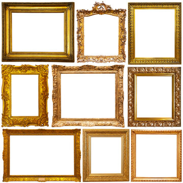 Collage of vintage photo and picture frames isolated on white..