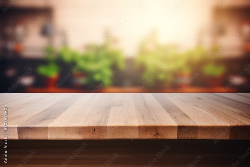 Poster empty wood table top with blurred bokeh background - ideal for product placement