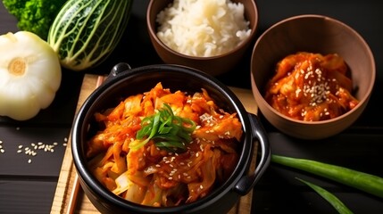 Korean food, Kimchi cabbage in a bowl and rice.