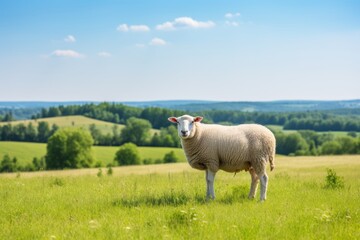 Obraz premium Lonely Sheep Grazing on a Sunny Meadow in Summer, Serene Beauty of the Rolling Hills