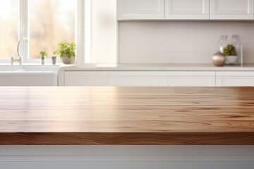 Obraz na płótnie Canvas Brown Wood Table Top with Bokeh in Modern Kitchen Interior, Perfect for Product Placement