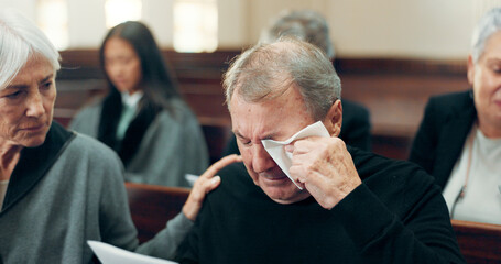 Sad, funeral and senior man crying in church for God, holy spirit or religion in Christian...