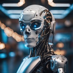Fototapeta premium An android robot with a humanoid body, a technology for transferring human consciousness into a mechanical body.