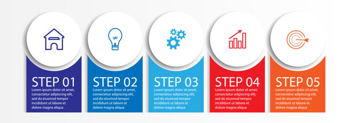 simple infographic design, 5 step infographic consisting of five interrelated parts, circle model combined with lines, colors and symbols or icons, very good for your business presentation needs